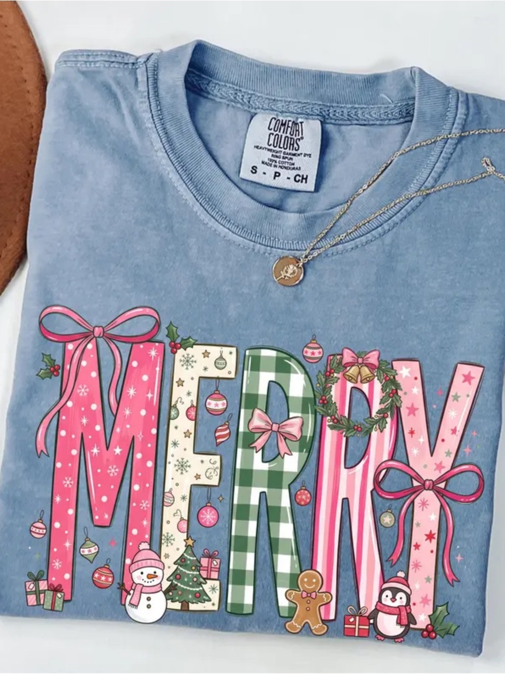 Comfort Colors Dusty Blue Jean 'MERRY' Graphic Short Sleeve Tee